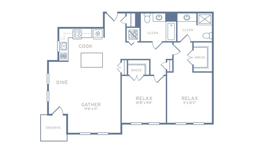 Two Bedroom Type B1 - 2 bedroom floorplan layout with 2 bathrooms and 1033 - 1074 square feet