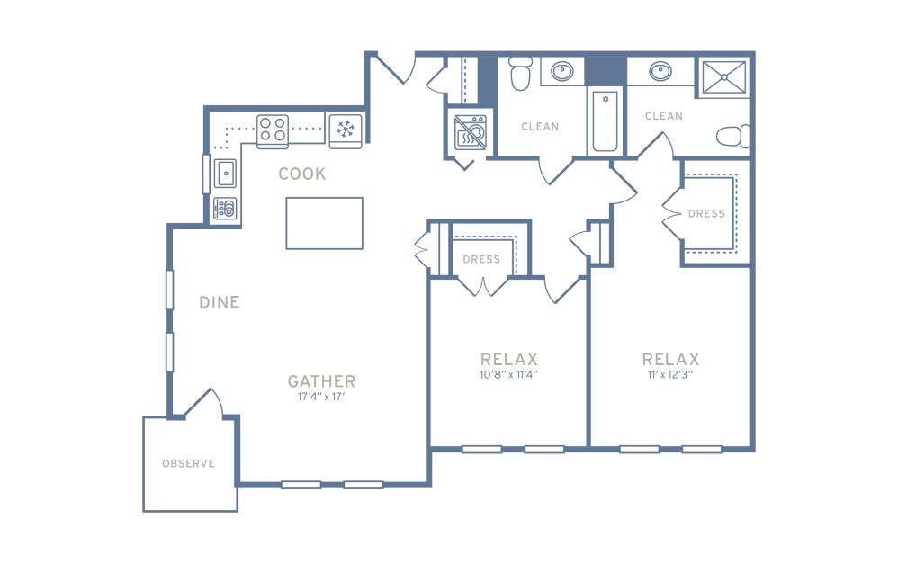 Two Bedroom Type B1 - 2 bedroom floorplan layout with 2 bathrooms and 1033 - 1074 square feet