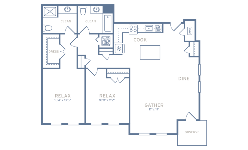 Two Bedroom Type B2 - 2 bedroom floorplan layout with 2 bathrooms and 1057 - 1093 square feet