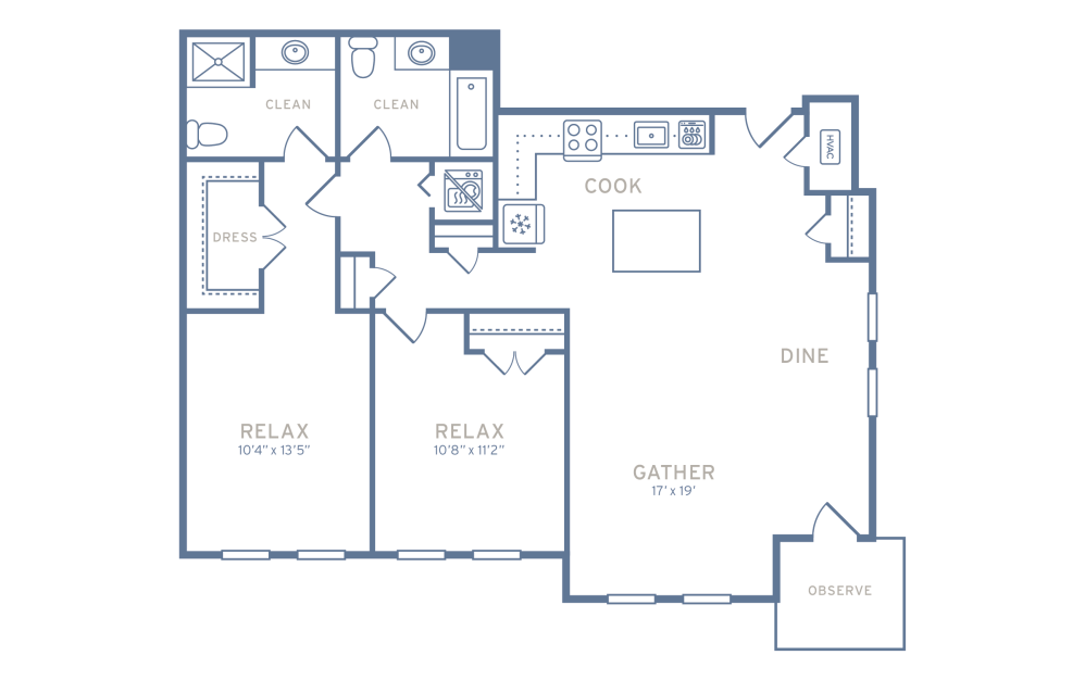 Two Bedroom Type B2 - 2 bedroom floorplan layout with 2 bathrooms and 1057 - 1093 square feet