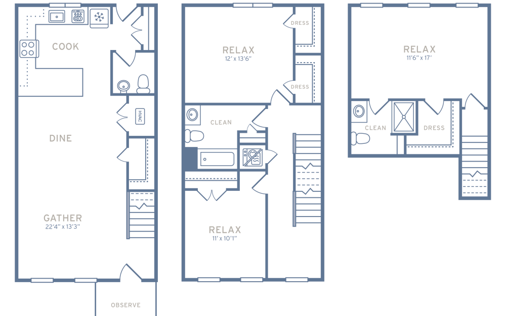 Three Bed Townhome C1 - 3 bedroom floorplan layout with 2.5 bathrooms and 1461 - 1467 square feet