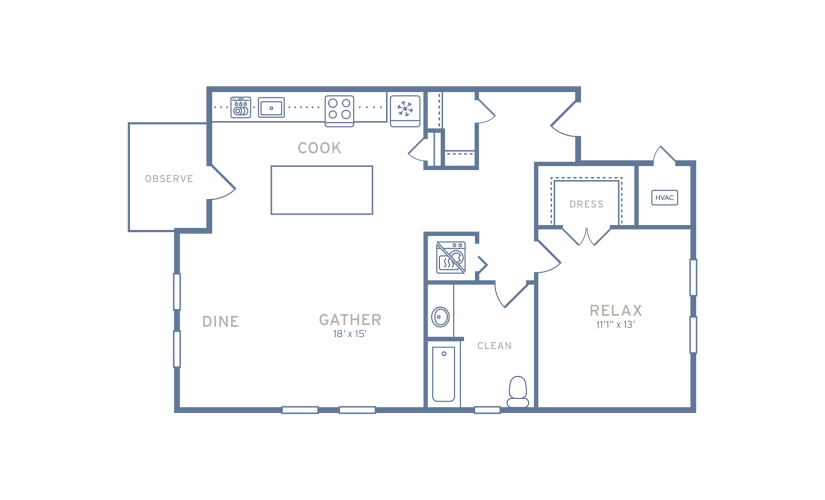 One Bedroom Type A1 - 1 bedroom floorplan layout with 1 bathroom and 796 - 818 square feet
