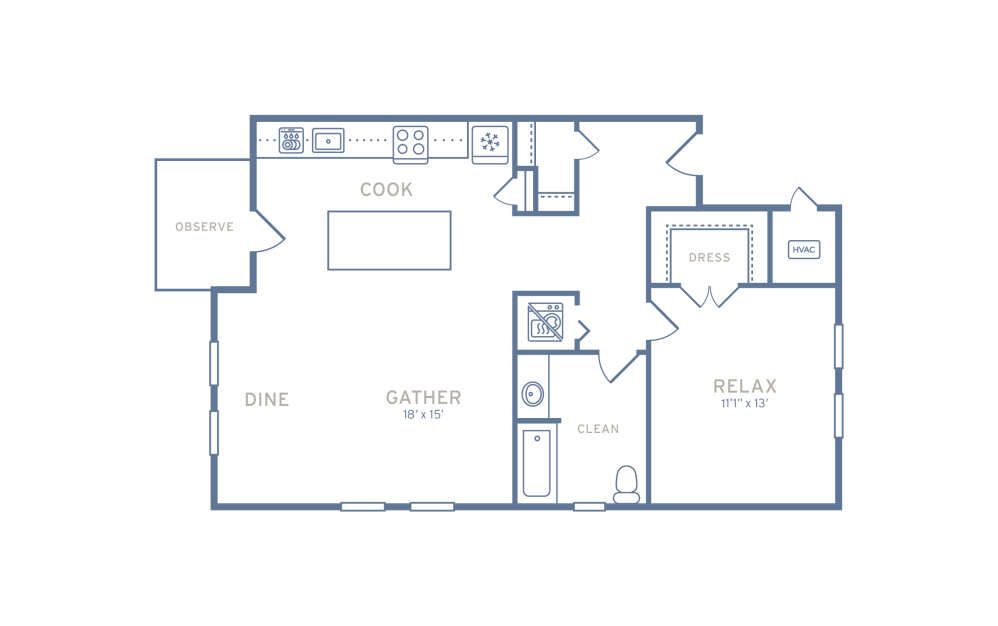 One Bedroom Type A1 - 1 bedroom floorplan layout with 1 bathroom and 796 - 818 square feet