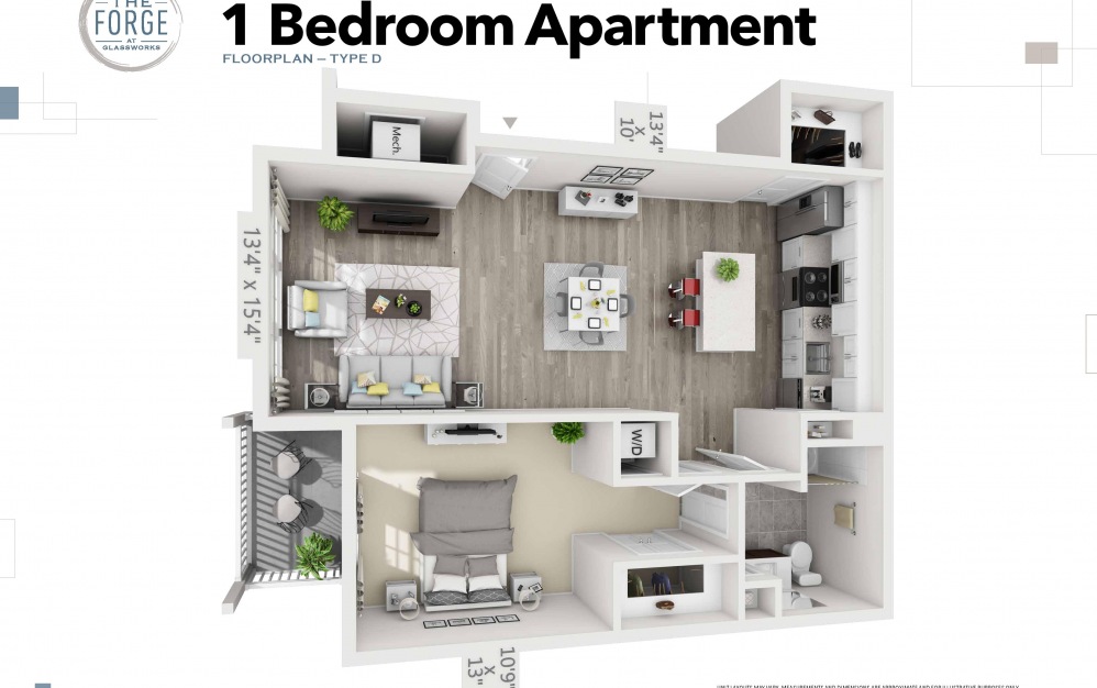 One Bedroom Type D 1 2 3 Bedroom Apartments For Rent At The Forge 