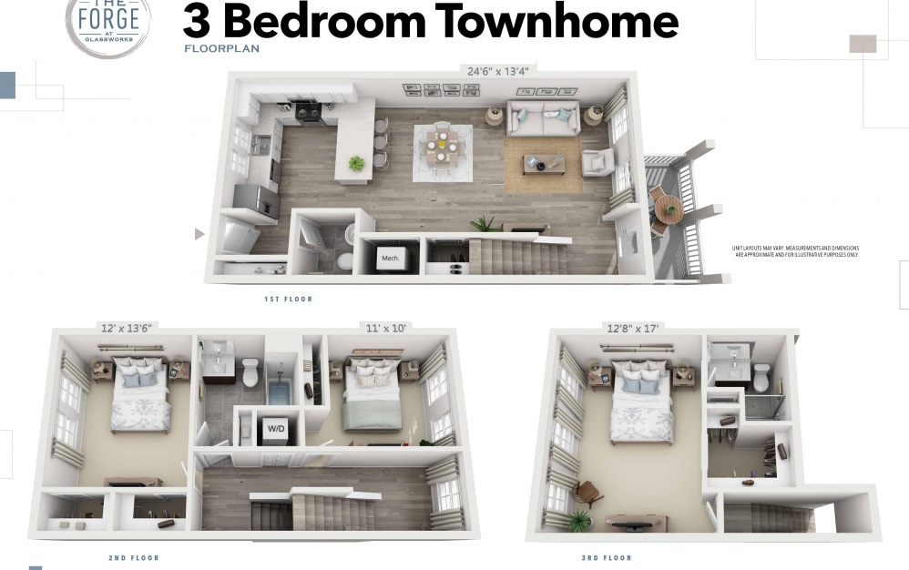 Three Bed Townhome - 3 bedroom floorplan layout with 2.5 baths and 1402 to 1472 square feet.